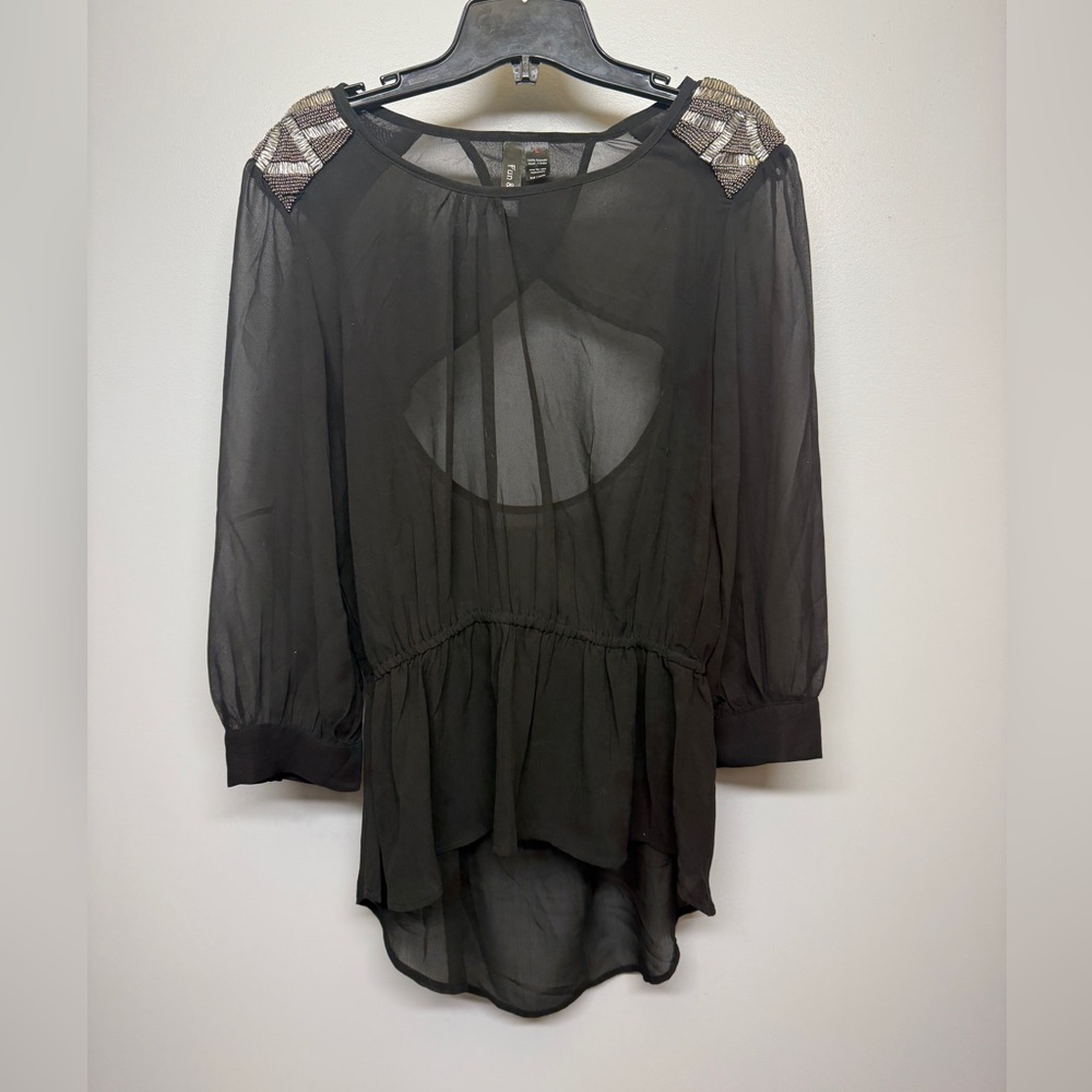 Fun & Flirt Black Sheer Top Embellished Beaded Shoulders Back Cutout SIZE L